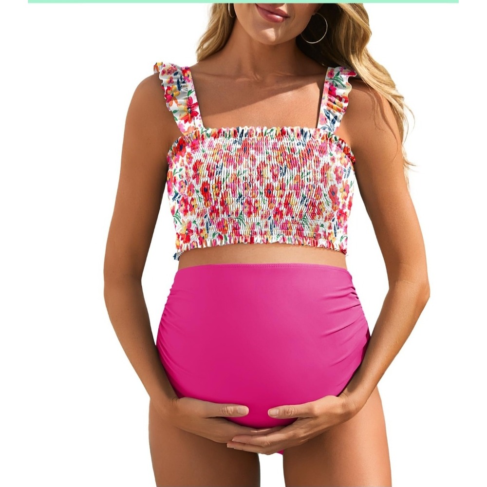 Summer Mae Maternity Bikini Set Floral Smocked Top High Waist Pink Size S NEW